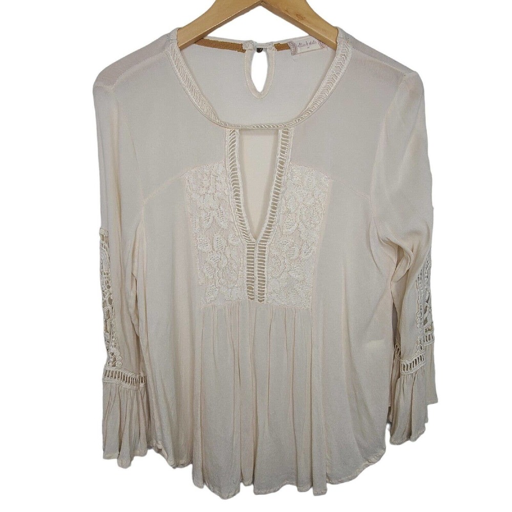 Altar'd State Womens Cream Rayon Lace Boho Bell Sleeve Blouse M Crochet Romantic